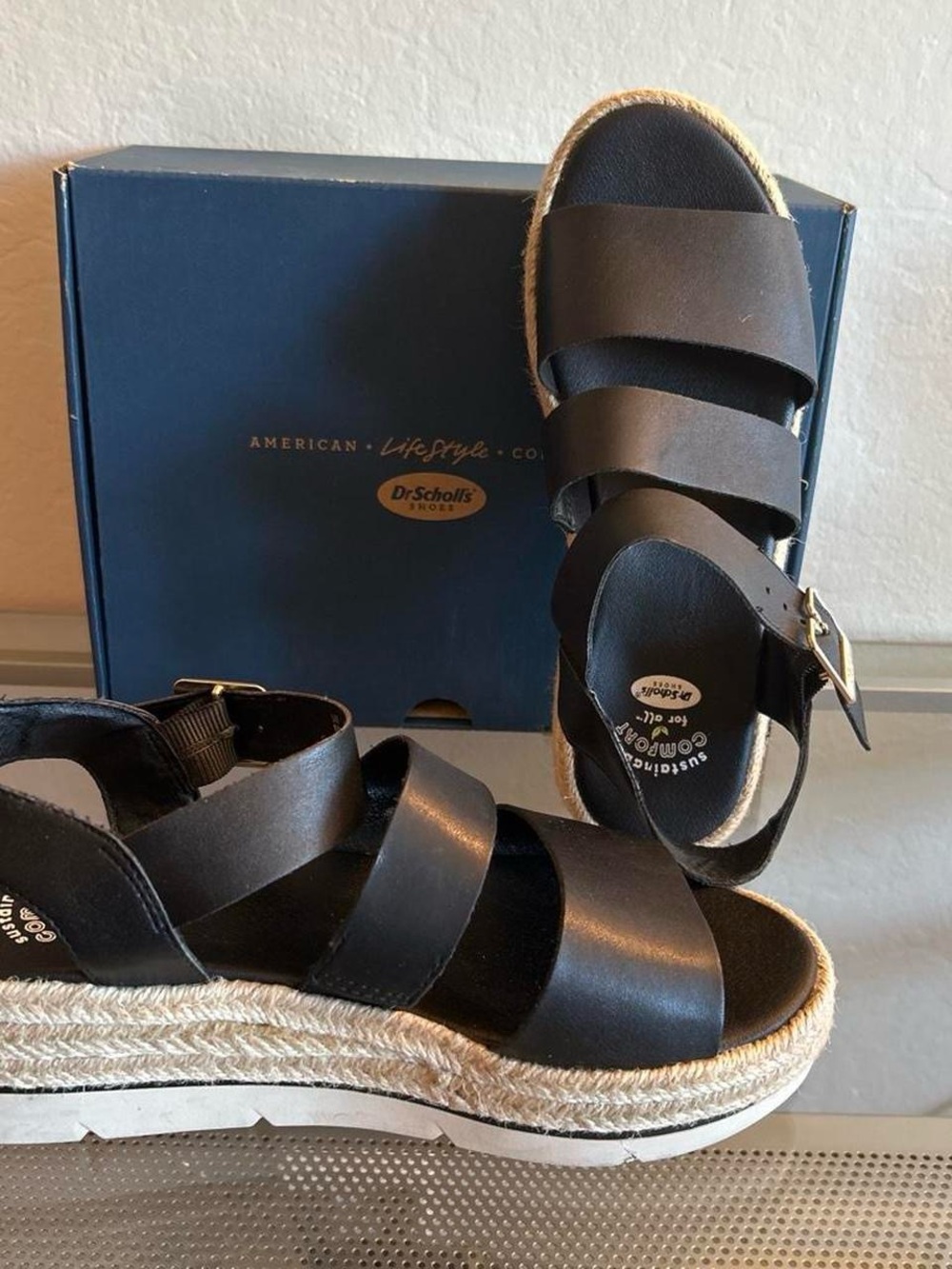 Dr. Scholl's Black Leather-Style Espadrille Platform Sandals